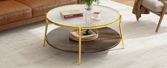 Modern Round Walnut Glass Top 2-Tier Coffee Table - Omega Lifestyles