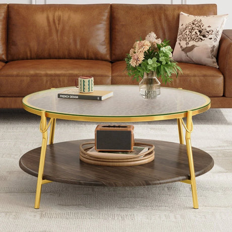 Modern Round Walnut Glass Top 2-Tier Coffee Table - Omega Lifestyles
