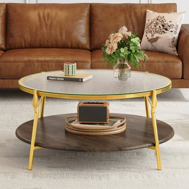 Modern Round Walnut Glass Top 2-Tier Coffee Table - Omega Lifestyles