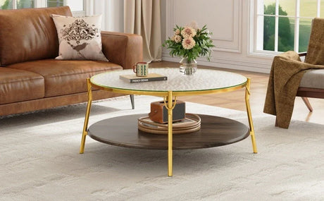 Modern Round Walnut Glass Top 2-Tier Coffee Table - Omega Lifestyles