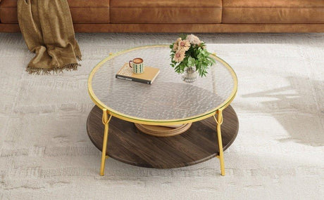 Modern Round Walnut Glass Top 2-Tier Coffee Table - Omega Lifestyles