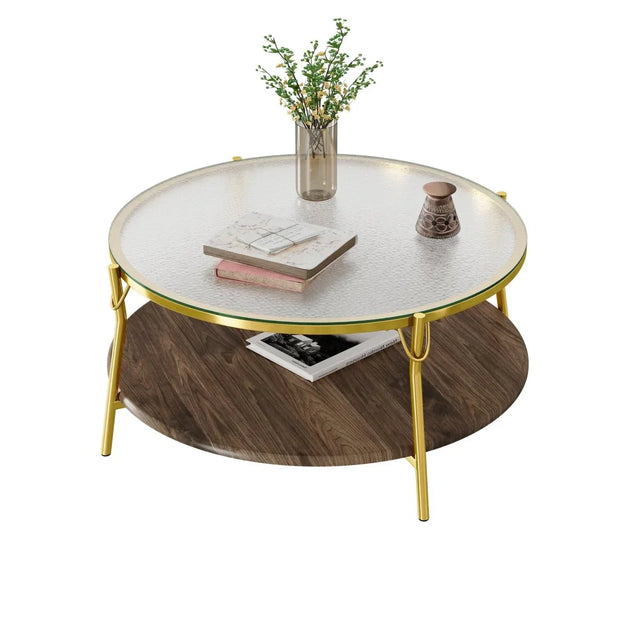 Modern Round Walnut Glass Top 2-Tier Coffee Table - Omega Lifestyles