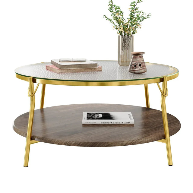 Modern Round Walnut Glass Top 2-Tier Coffee Table - Omega Lifestyles