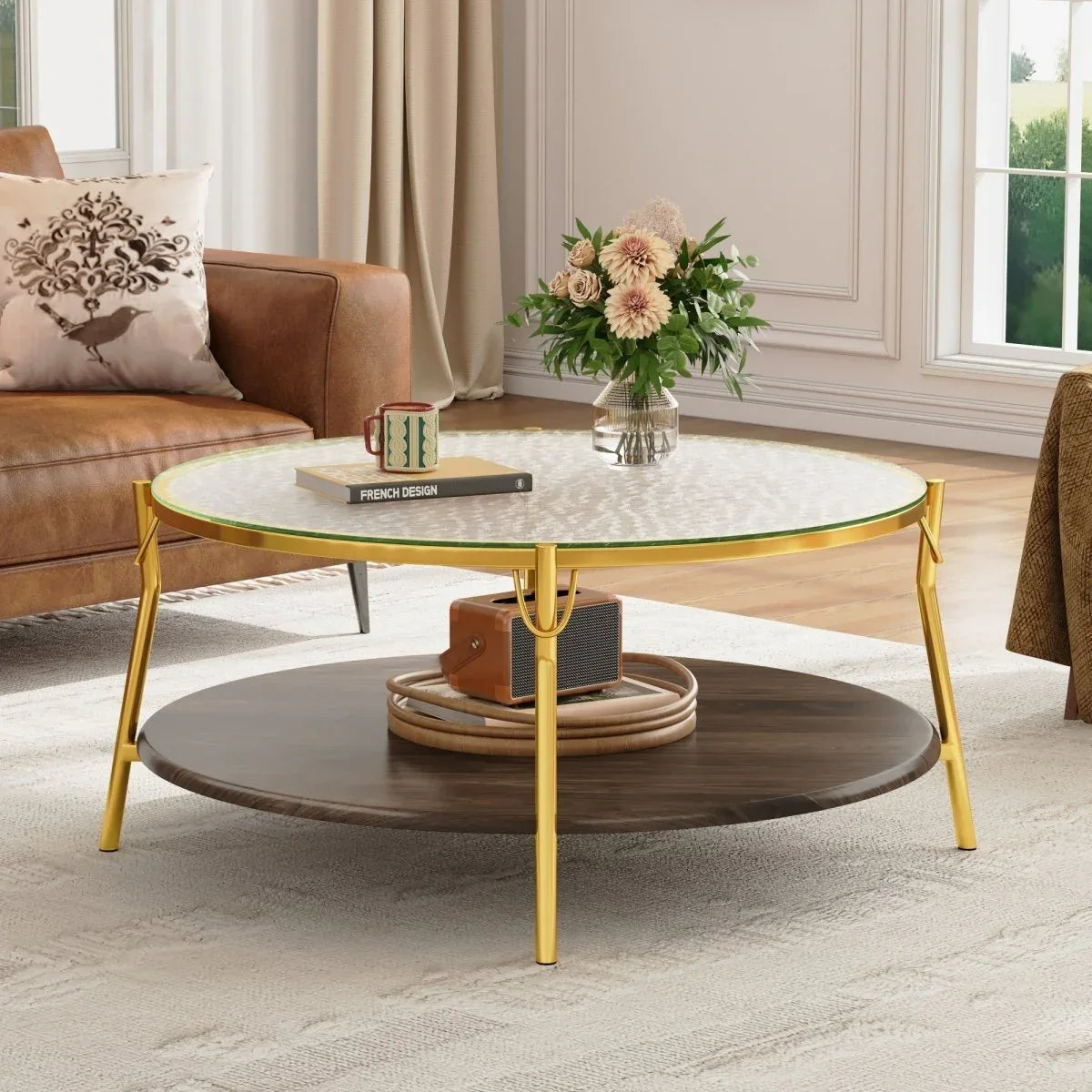 Modern Round Walnut Glass Top 2-Tier Coffee Table - Omega Lifestyles