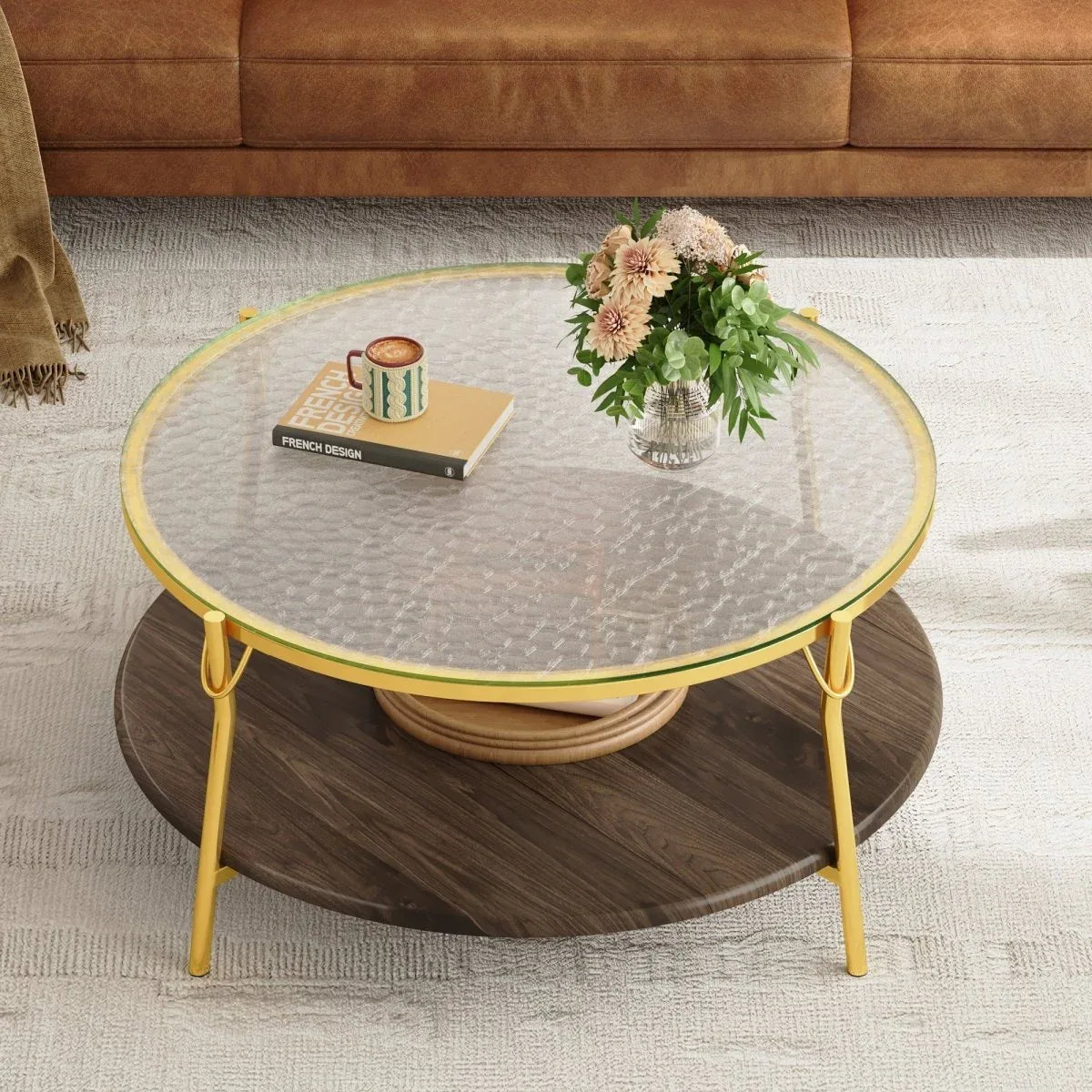 Modern Round Walnut Glass Top 2-Tier Coffee Table - Omega Lifestyles