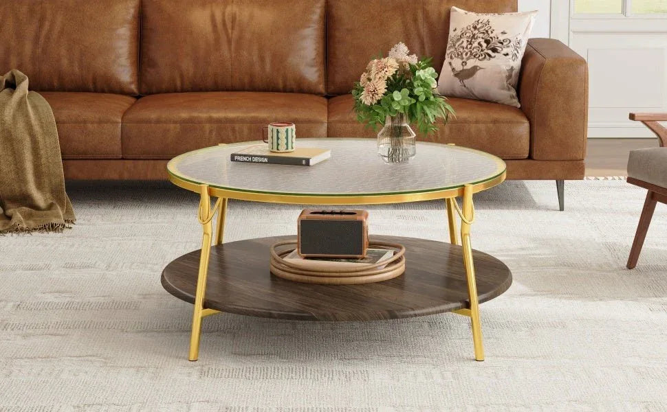 Modern Round Walnut Glass Top 2-Tier Coffee Table - Omega Lifestyles