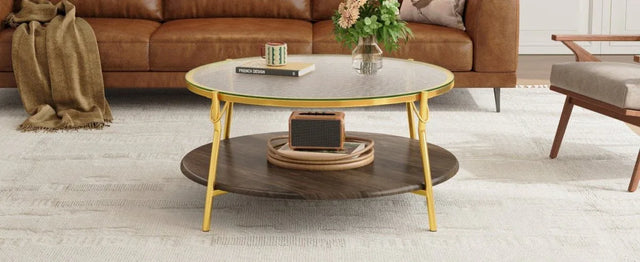 Modern Round Walnut Glass Top 2-Tier Coffee Table - Omega Lifestyles