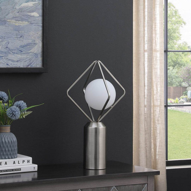 Modern Silver Metal Table Lamp With Glass Orb Shade - Omega Lifestyles