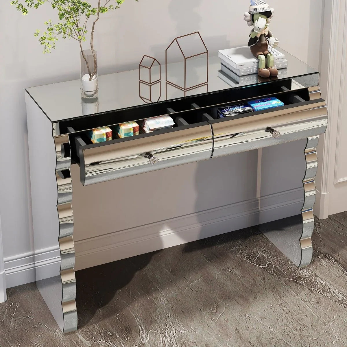 Modern Silver Mirror Console Table With 2 Drawers - Omega Lifestyles