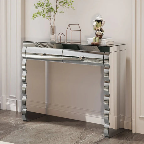 Modern Silver Mirror Console Table With 2 Drawers - Omega Lifestyles