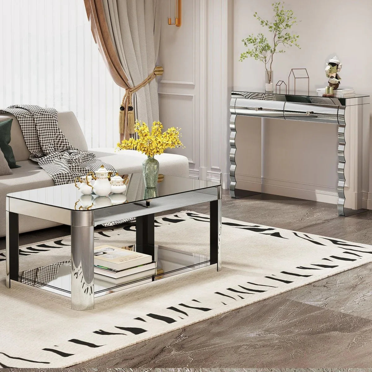 Modern Silver Mirror Console Table With 2 Drawers - Omega Lifestyles