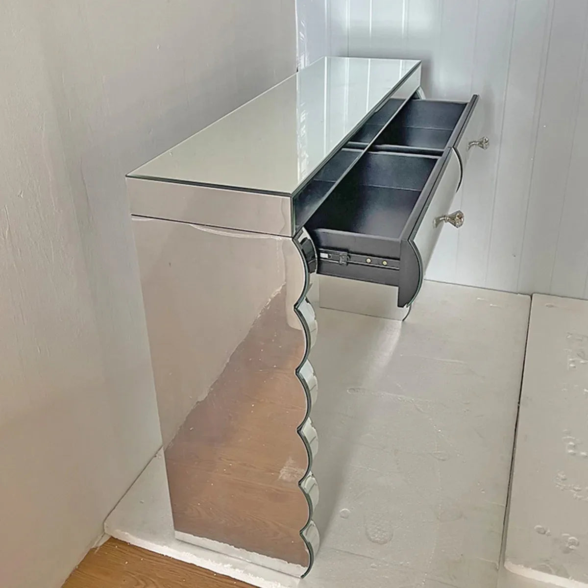 Modern Silver Mirror Console Table With 2 Drawers - Omega Lifestyles