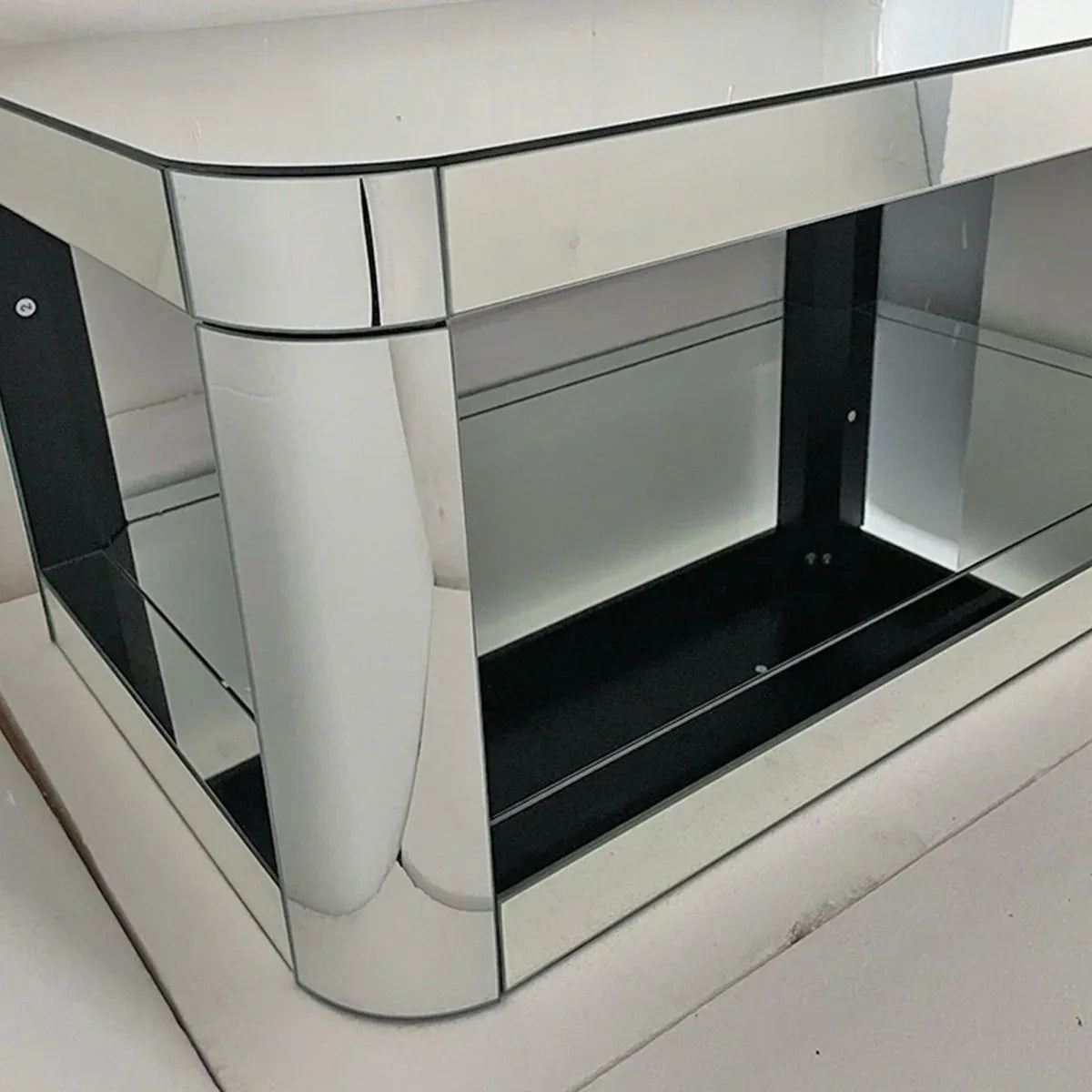 Modern Silver Mirrored MDF Glass Coffee Table With Storage - Omega Lifestyles