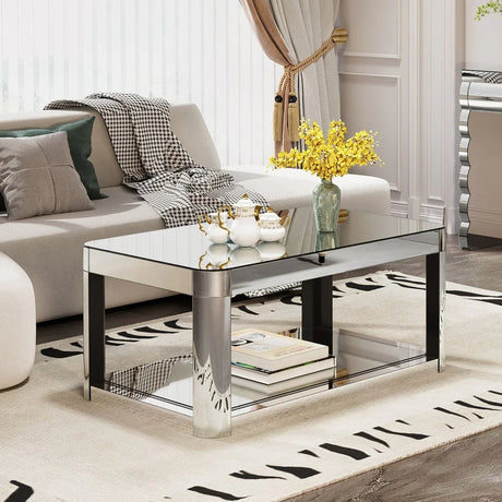 Modern Silver Mirrored MDF Glass Coffee Table With Storage - Omega Lifestyles