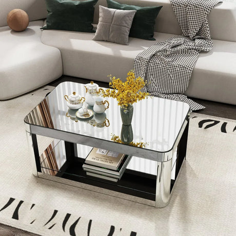 Modern Silver Mirrored MDF Glass Coffee Table With Storage - Omega Lifestyles