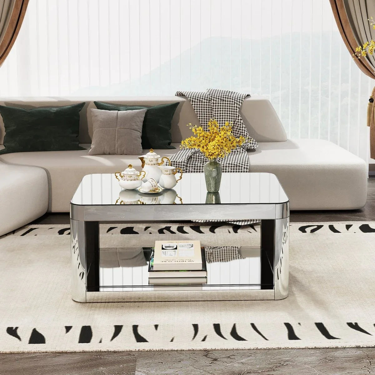Modern Silver Mirrored MDF Glass Coffee Table With Storage - Omega Lifestyles