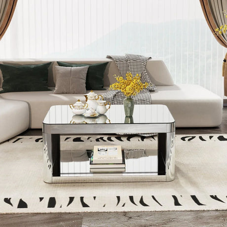 Modern Silver Mirrored MDF Glass Coffee Table With Storage - Omega Lifestyles