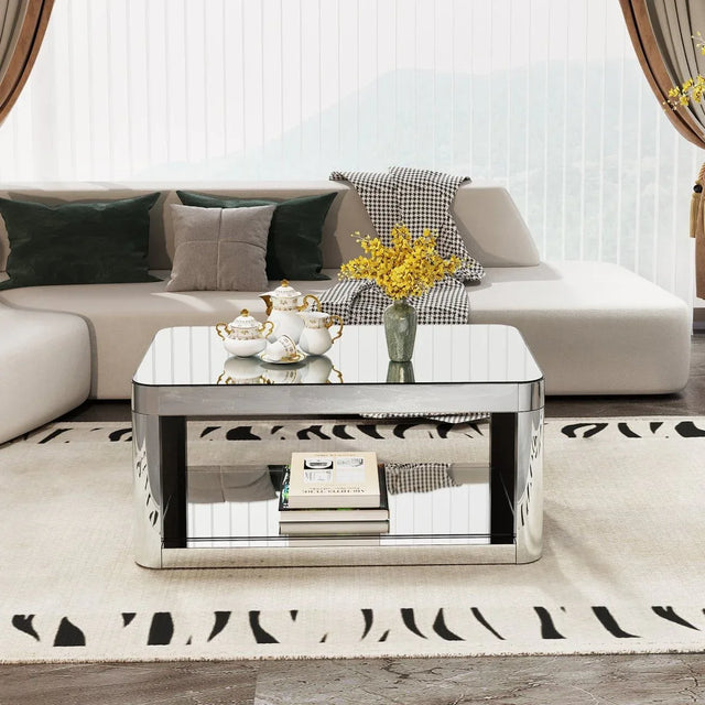 Modern Silver Mirrored MDF Glass Coffee Table With Storage - Omega Lifestyles