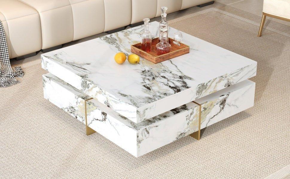 Modern Square White Marble-Textured Coffee Table With Drawers - Omega Lifestyles