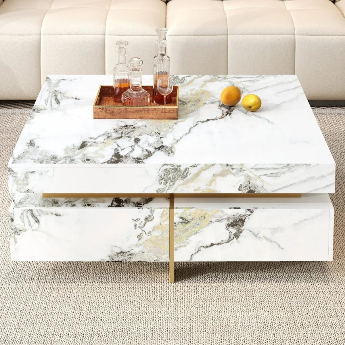 Modern Square White Marble-Textured Coffee Table With Drawers - Omega Lifestyles