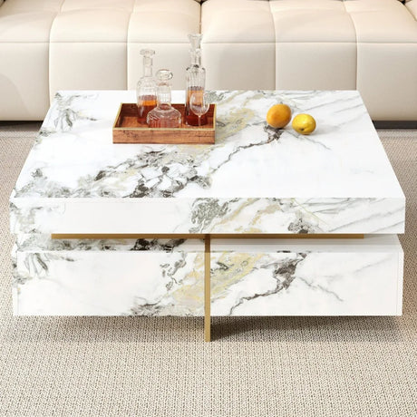Modern Square White Marble-Textured Coffee Table With Drawers - Omega Lifestyles