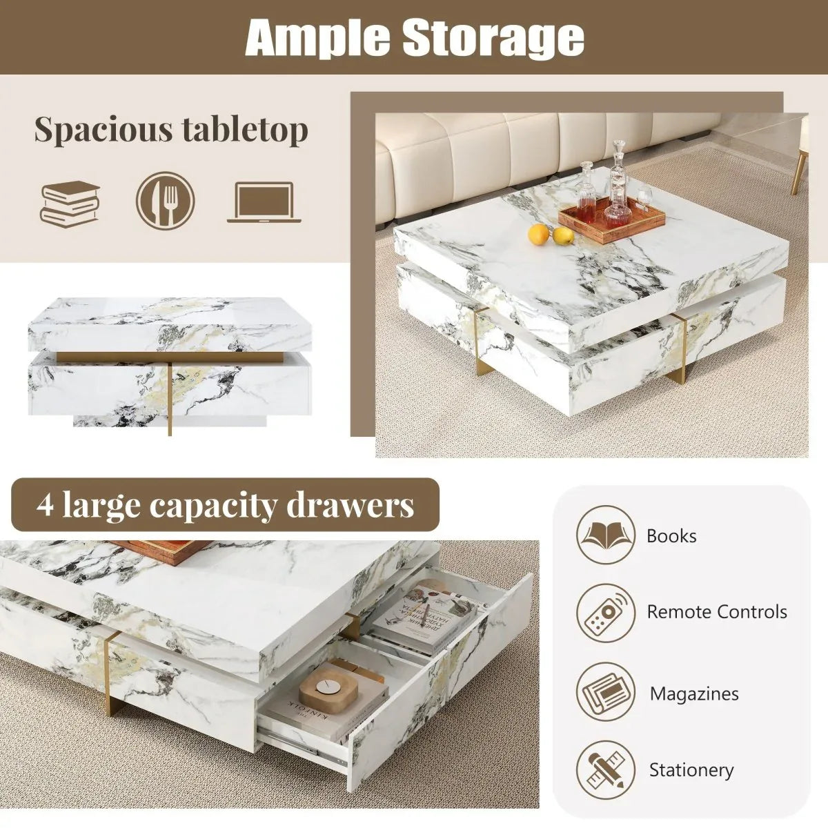 Modern Square White Marble-Textured Coffee Table With Drawers - Omega Lifestyles