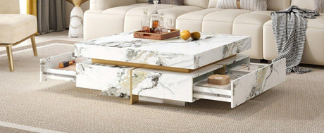 Modern Square White Marble-Textured Coffee Table With Drawers - Omega Lifestyles
