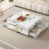 Modern Square White Marble-Textured Coffee Table With Drawers - Omega Lifestyles