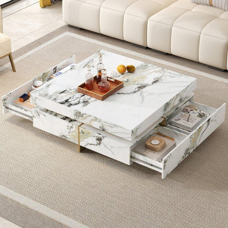 Modern Square White Marble-Textured Coffee Table With Drawers - Omega Lifestyles