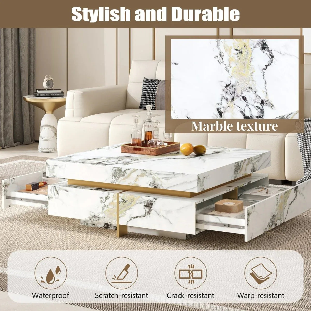 Modern Square White Marble-Textured Coffee Table With Drawers - Omega Lifestyles