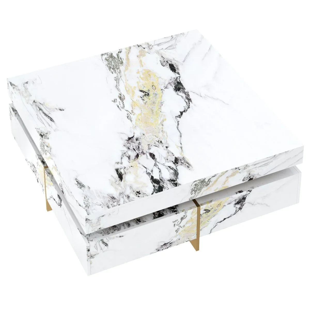 Modern Square White Marble-Textured Coffee Table With Drawers - Omega Lifestyles