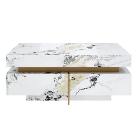 Modern Square White Marble-Textured Coffee Table With Drawers - Omega Lifestyles