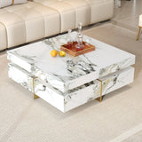 Modern Square White Marble-Textured Coffee Table With Drawers - Omega Lifestyles