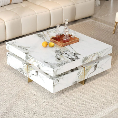 Modern Square White Marble-Textured Coffee Table With Drawers - Omega Lifestyles