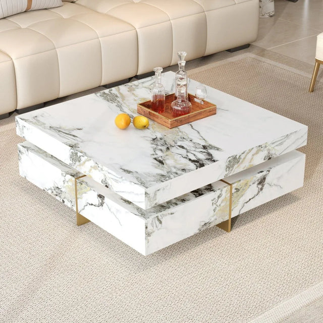 Modern Square White Marble-Textured Coffee Table With Drawers - Omega Lifestyles