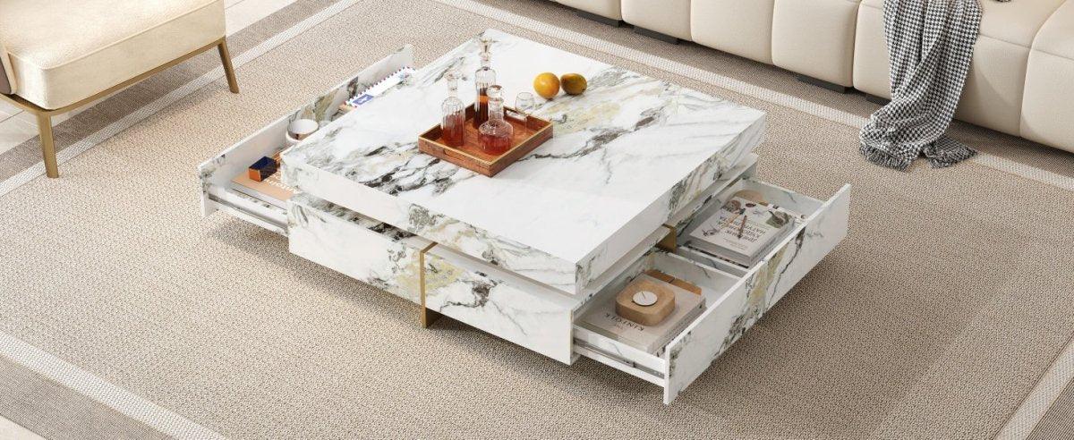Modern Square White Marble-Textured Coffee Table With Drawers - Omega Lifestyles