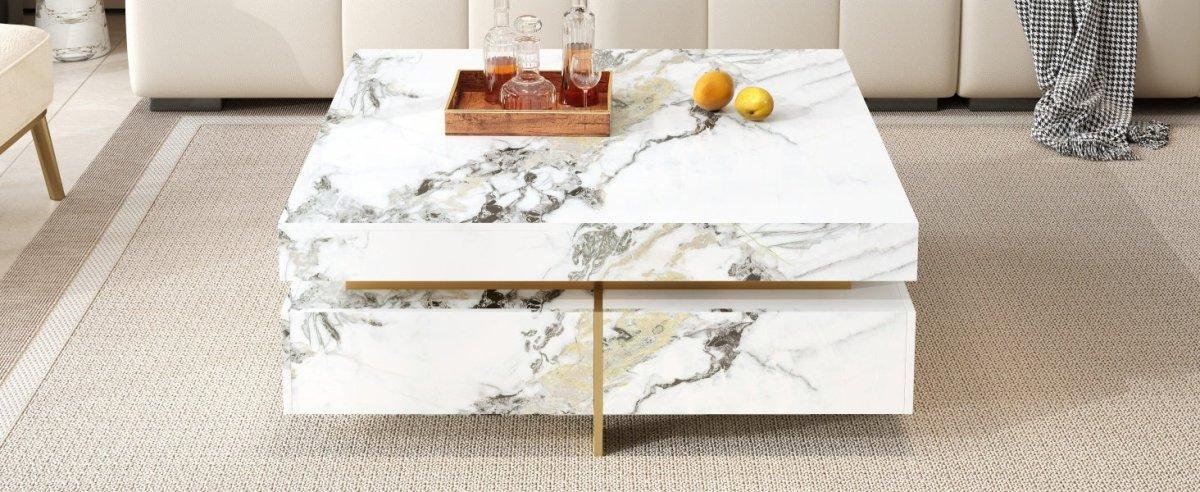 Modern Square White Marble-Textured Coffee Table With Drawers - Omega Lifestyles