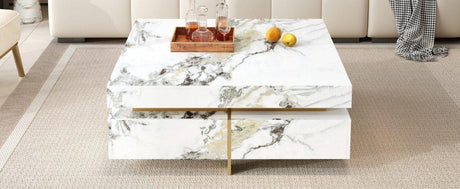 Modern Square White Marble-Textured Coffee Table With Drawers - Omega Lifestyles
