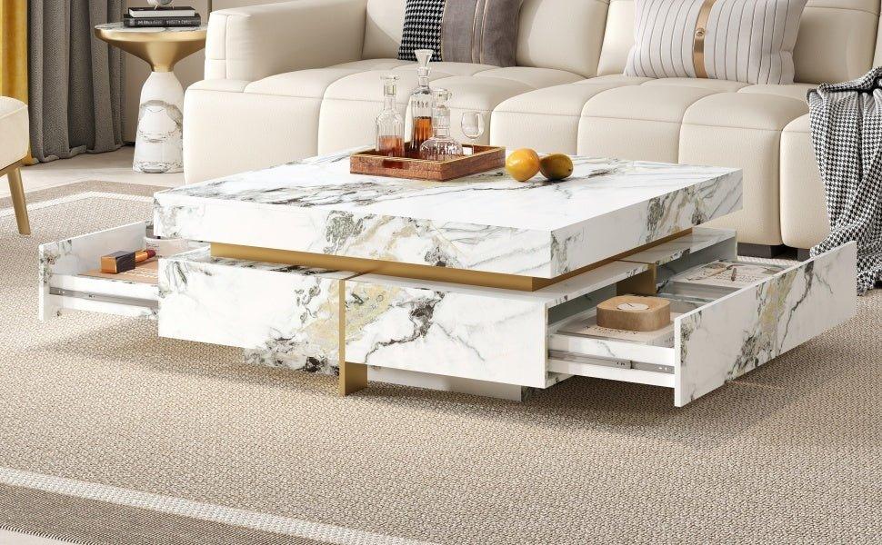 Modern Square White Marble-Textured Coffee Table With Drawers - Omega Lifestyles