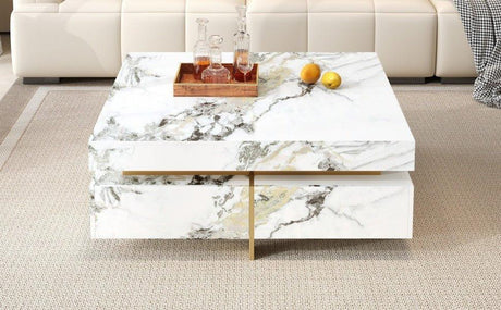 Modern Square White Marble-Textured Coffee Table With Drawers - Omega Lifestyles