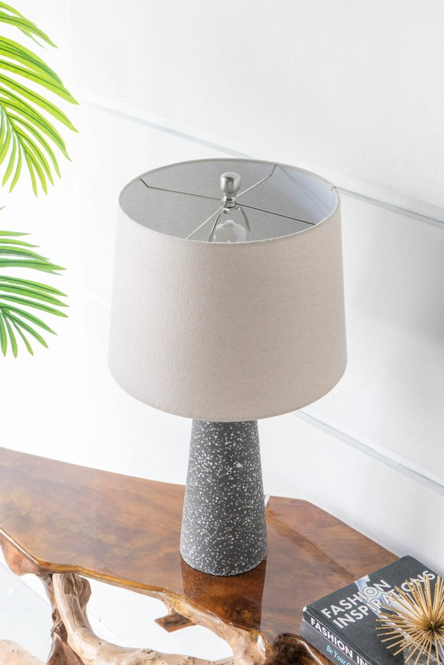 Modern Stone Cone Table Lamp With Beige Drum Shade - Omega Lifestyles