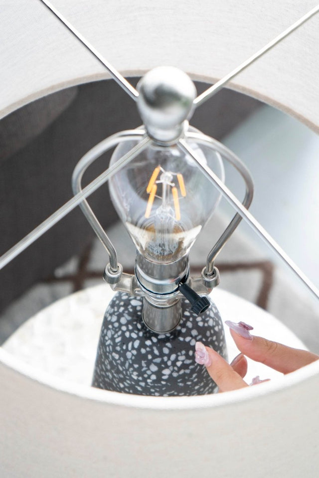 Modern Stone Cone Table Lamp With Beige Drum Shade - Omega Lifestyles