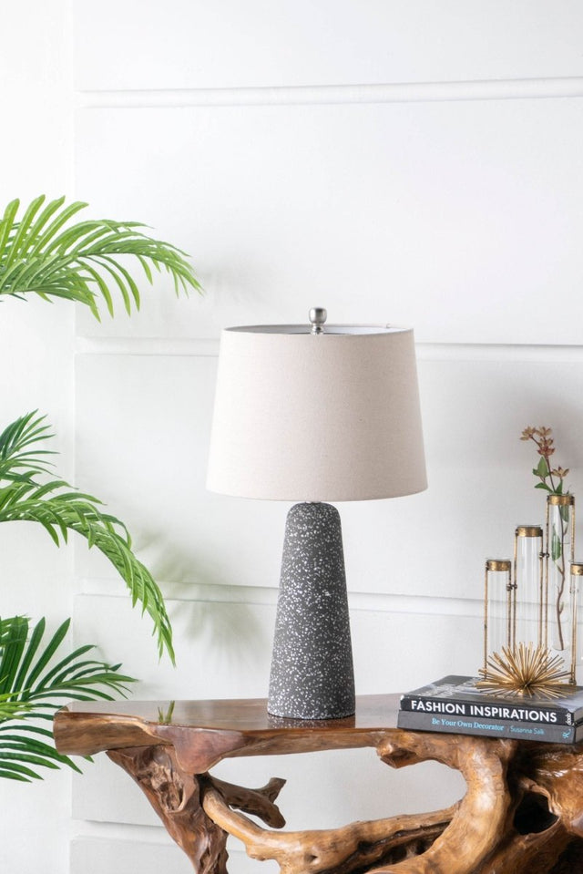 Modern Stone Cone Table Lamp With Beige Drum Shade - Omega Lifestyles