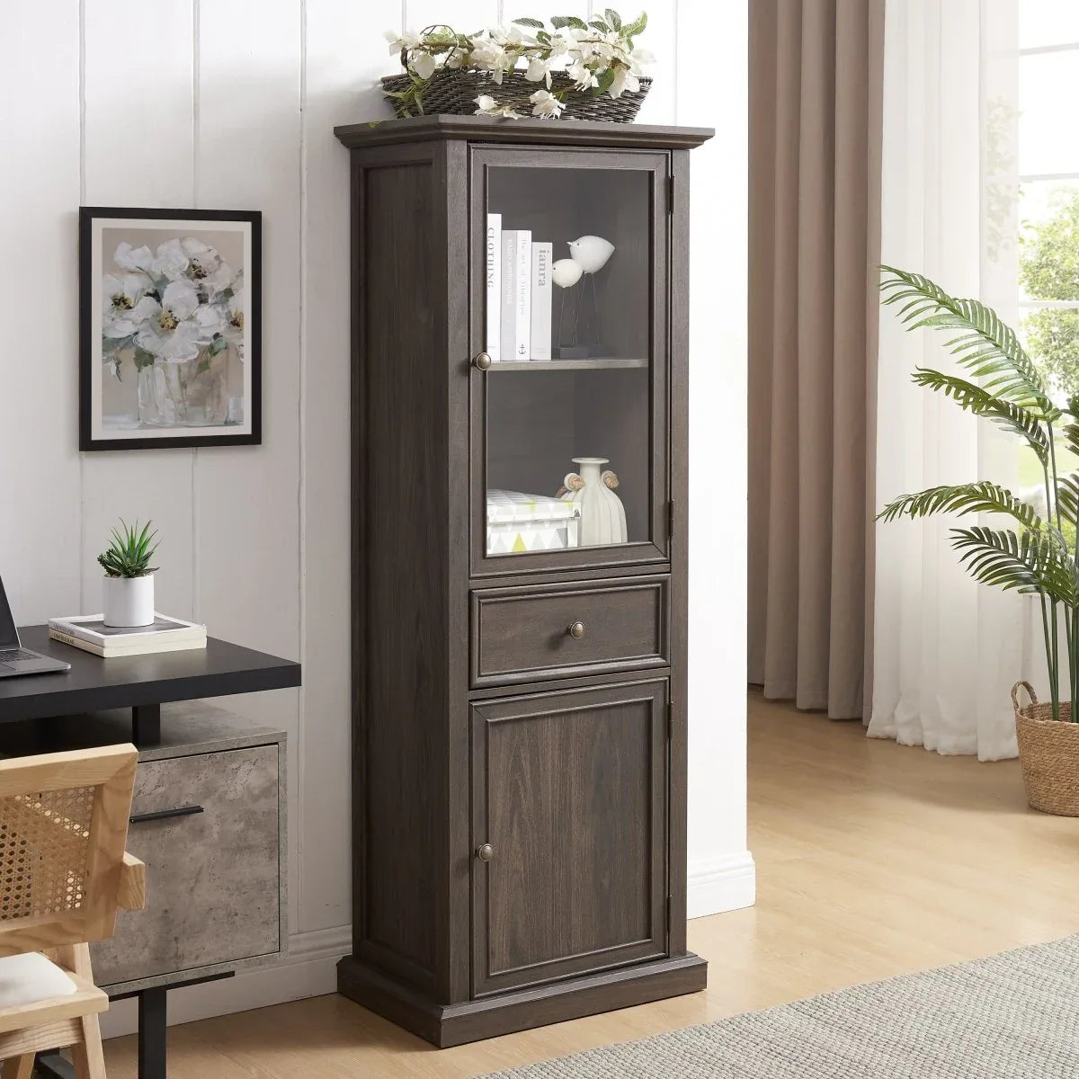 Modern Tall Glass Storage Cabinet With Drawer - Omega Lifestyles