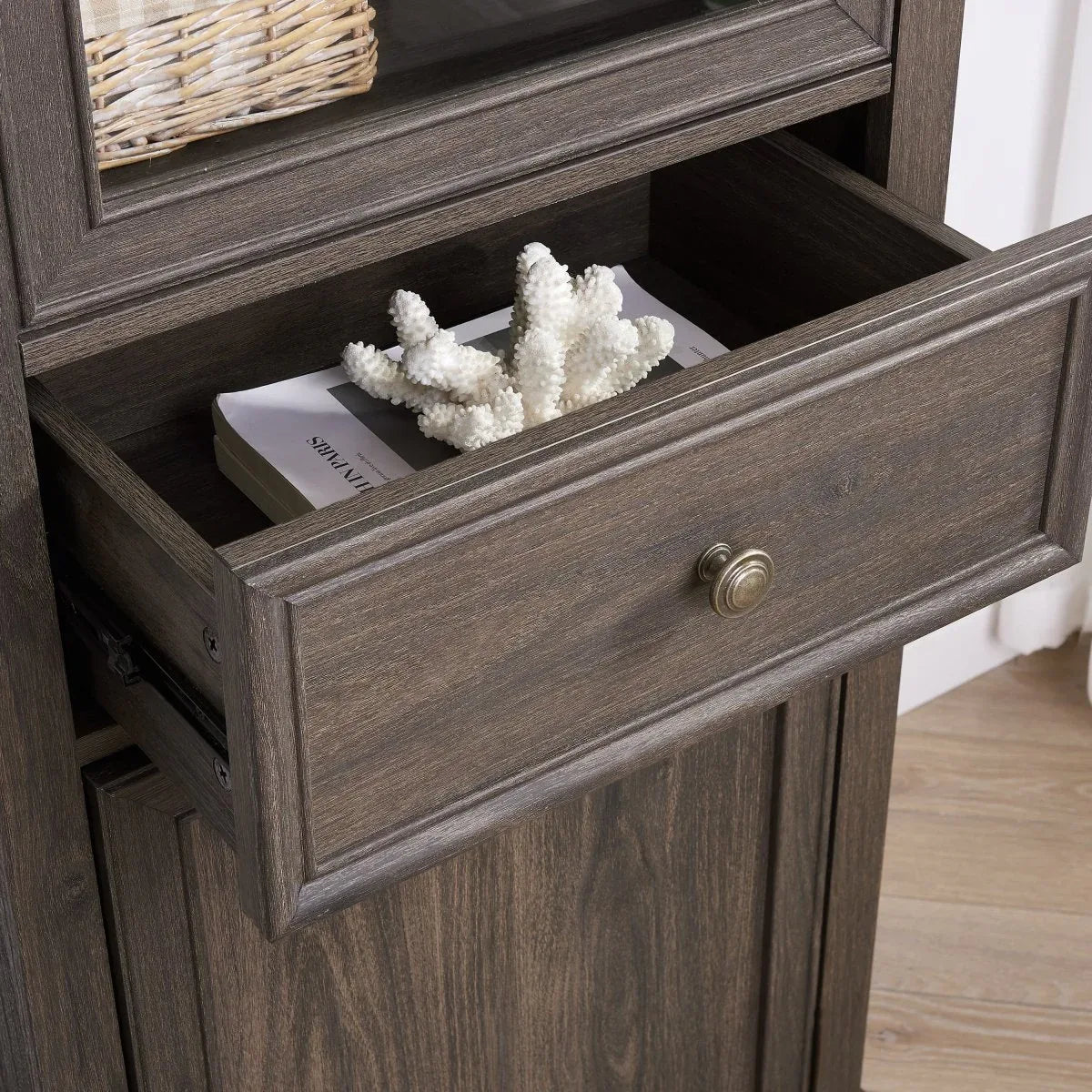 Modern Tall Glass Storage Cabinet With Drawer - Omega Lifestyles