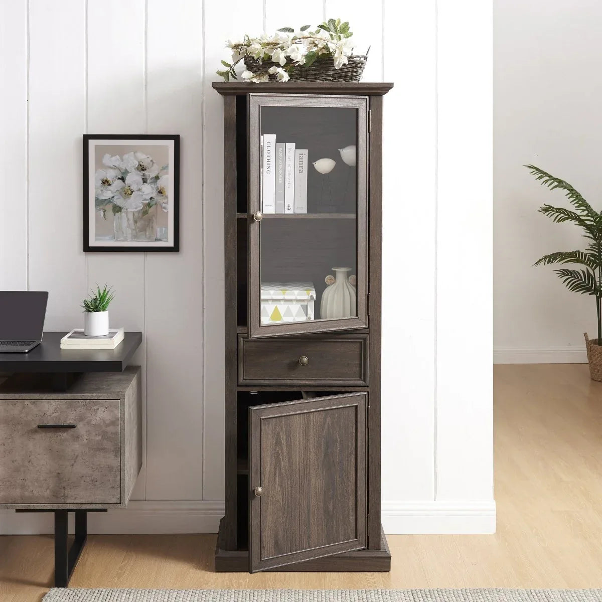 Modern Tall Glass Storage Cabinet With Drawer - Omega Lifestyles