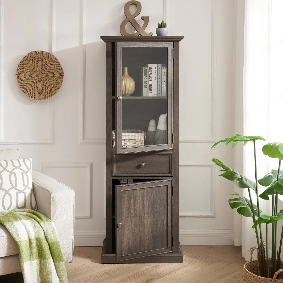 Modern Tall Glass Storage Cabinet With Drawer - Omega Lifestyles