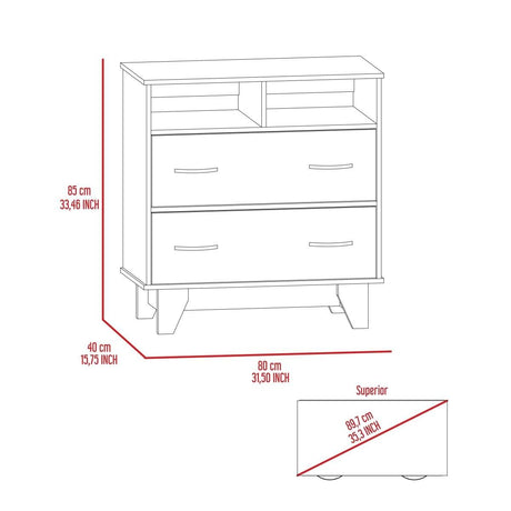 Modern Two Drawer Dresser With Shelves And Superior Top - Sleep Galleria