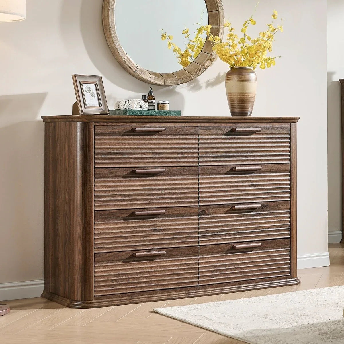 Modern Walnut 8-Drawer Curved Profile Dresser - Omega Lifestyles