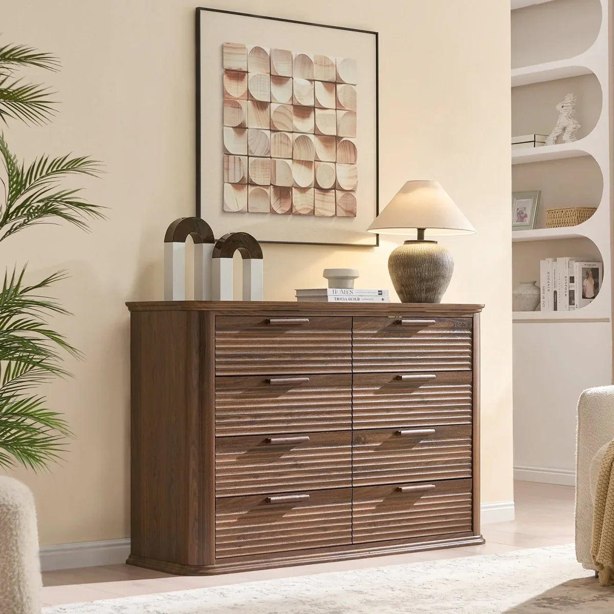 Modern Walnut 8-Drawer Curved Profile Dresser - Omega Lifestyles